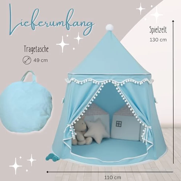 LIONHERZ® DAS ORIGINAL Spielzelt, atmungsaktiv aus Baumwolle&Hanf, Prinzenschloss mit Fiberglasstangen, tragbare Indoor-Tipi in Himmelblau, ohne Zubehör – Bild 4