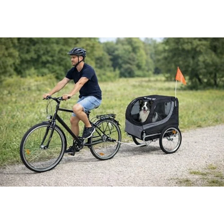 Flamingo Tybalt, Fahrradanhänger für Hunde mit metallischer Konstruktion, schwarz/grau, wetterfest mit Reißverschlusstüren und Sicherheitsfunktionen – Bild 2