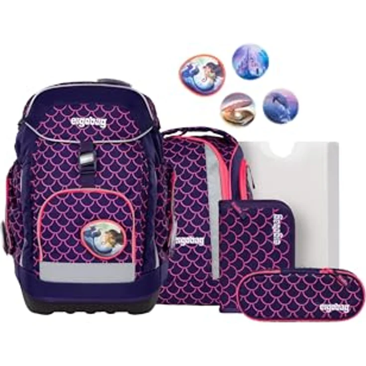 ergobag Maxi Set 6-teilig, ergonomischer Schulrucksack mit höhenverstellbarem Tragesystem, lila PerlentauchBär für große Kinder ab 1. Klasse – Bild 1