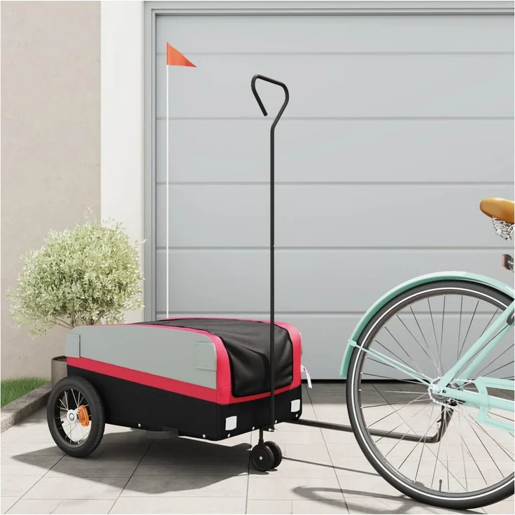 vidaXL Fahrradlastenanhänger Fahrradanhänger Schwarz und Rot 30 kg Eisen, robust und vielseitig, mit Deichsel und Sicherheitsflagge