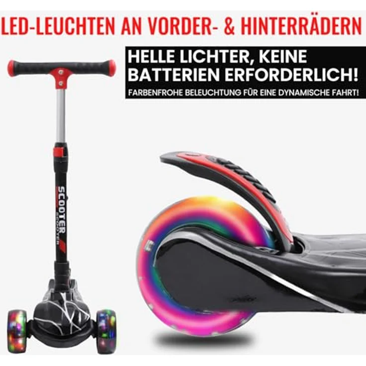 Habib Gruppe Kinderroller, Klappbarer Tretroller mit LED Leuchträdern, Höhenverstellbar für 3-12 Jahre, Schwarz Spinnennetz Design, rutschfeste Griffe & Hinterradbremse – Bild 3