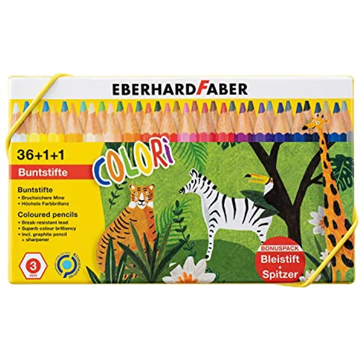 Eberhard Faber 514838 - Colori Stifte-Set mit 36 Sechskant-Buntstiften, 1 Bleistift und einem Spitzer, wasserfest und bruchsicher, im Kartonetui, Farb-Stifte zum Malen, Illustrieren und Zeichnen – Bild 1