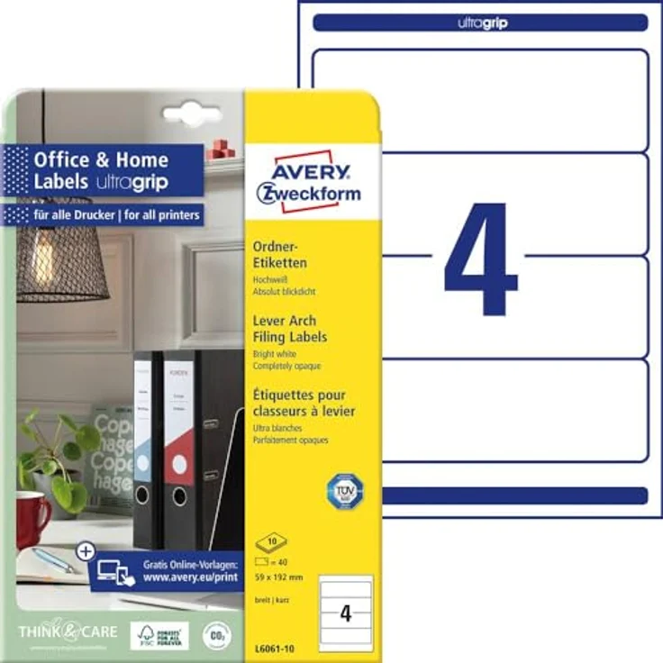 AVERY Zweckform L6061-10 Ordnerrücken Etiketten, selbstklebend, blickdicht, 59x192mm, weiß, 40 Stück, ultragrip-Technologie, für breite Ordner – Bild 1