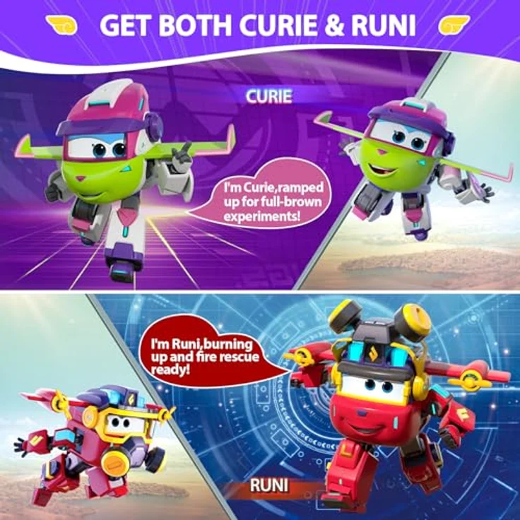 Super Wings Curie & Runi, 2-in-1 verwandelbare Actionfiguren, Roboter- und Flugzeugspielzeug, 12,7 cm, für Kinder ab 3 Jahren – Bild 2