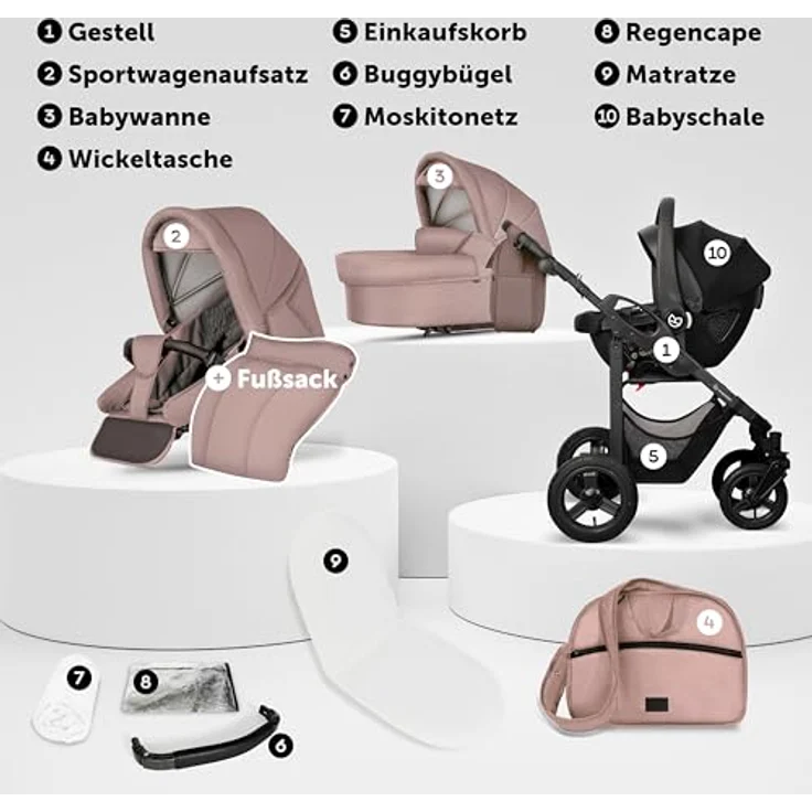 Bergsteiger Capri Kombikinderwagen 3-in-1, Babywanne, Sportsitz & i-Size Babyschale, Luftreifen, Federung, höhenverstellbarer Griff, faltbar, Zubehör – Bild 3