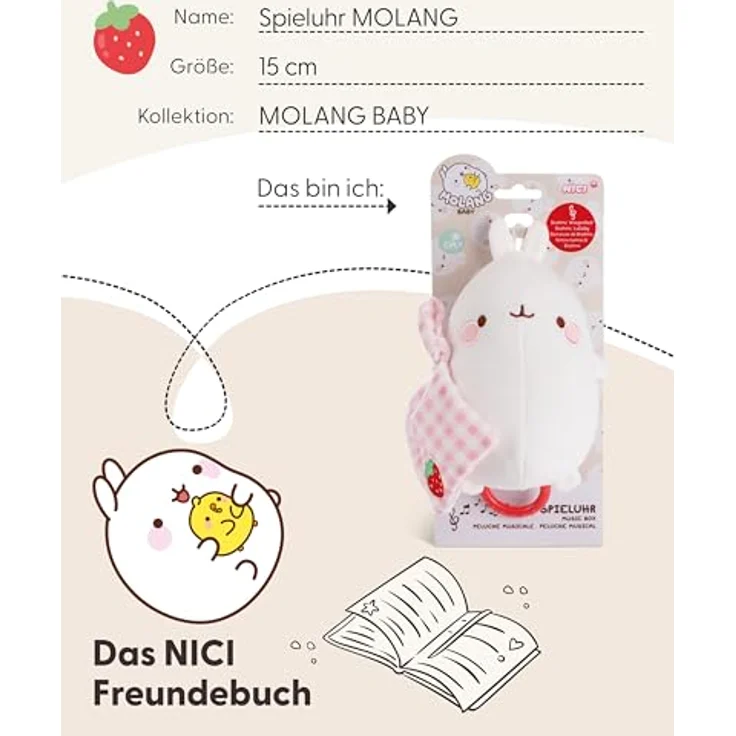 Nici Spieluhr Molang, 15 cm, plüschig mit herausnehmbarem Spielwerk und Brahms Wiegenlied, rosa-weiß kariert – Bild 5