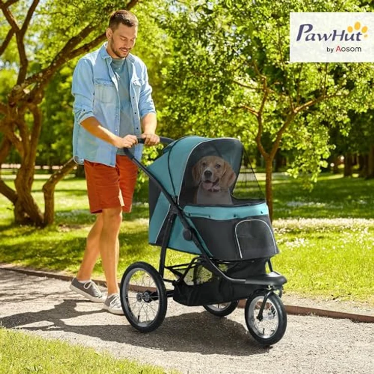 PawHut Hundewagen, klappbarer Hundebuggy für Hunde & Katzen bis 20 kg, Schwarz/Dunkelgrün, mit verstellbarem Sonnendach und Sicherheitsgurten – Bild 2