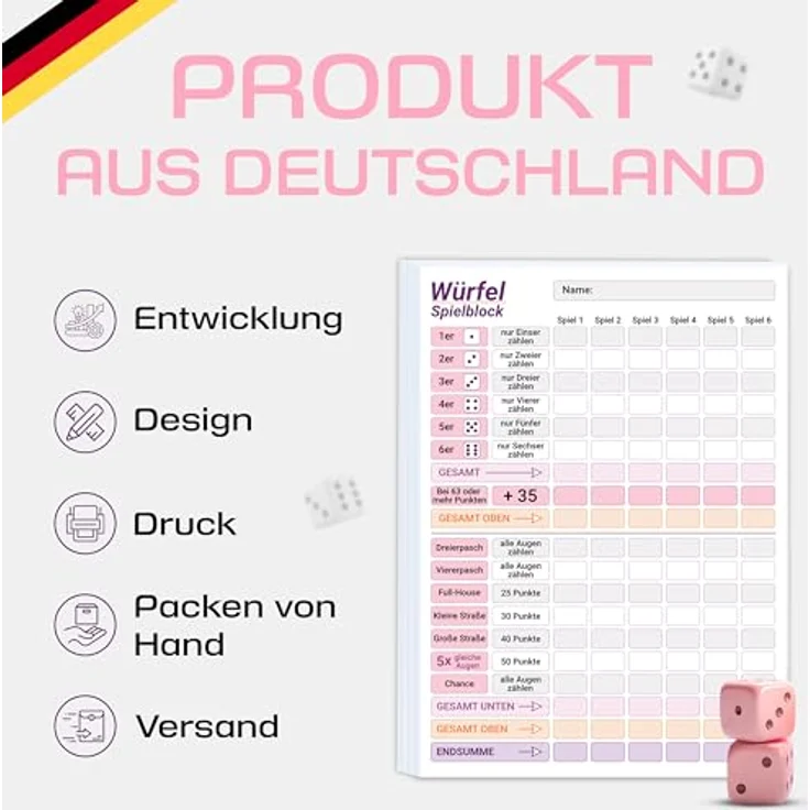 PICTALOO Würfelspiel Block DIN A5, rosa lila, gut lesbar, 50 Blatt für 300 Spiele, ideal für Senioren und Kinder – Bild 2