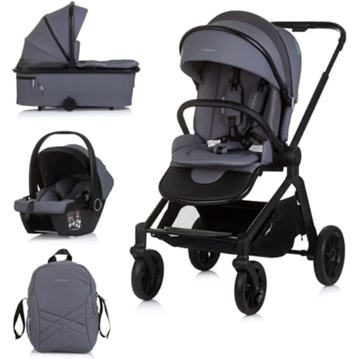 Chipolino Kombikinderwagen Magnum 3 in 1, Babywanne, Sportsitz, i-Size Babyschale, grau, verstellbarer Schiebegriff, PU-Räder, kompakt faltbar – Bild 1