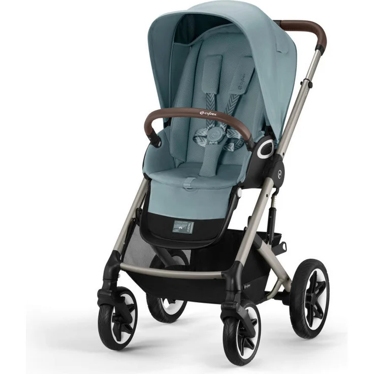 Cybex Kinderwagen Talos S Lux, Kombikinderwagen in Pastellblau, 5-Punkte-Gurt, einhandfaltbar, umsetzbarer Sitz, Griff in Lederoptik, feststellbare Fußstütze