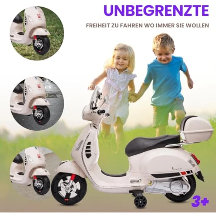 Sun Baby Vespa Elektro Kindermotorrad ab 3 Jahren mit Kunststoffräder und -sitze, Kofferraum, MP3-Player, USD MicroSD AUX-Anschluss. Elektroroller, Kinderroller (Weiß) – Bild 4