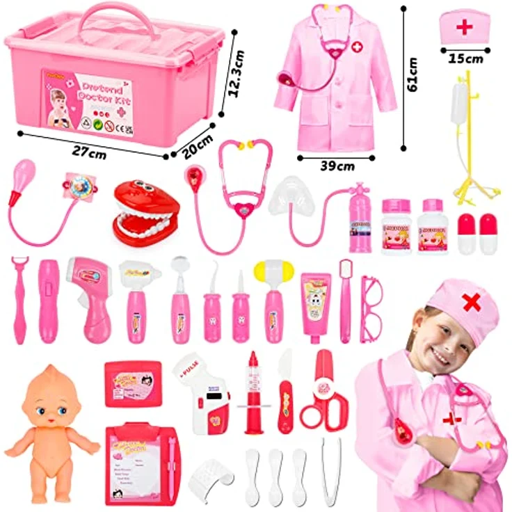 Fivejoy 43Stk Arztkoffer Kinder ab 3 Jahre, Doktorkoffer Kinder Rollenspiel Spielzeug mit Rosa Arztkittel and Puppe, Doktor-Spiel-Set Medizinischer Koffer Geschenk für 3 4 5 Jährige Mädchen(Rosa) - Preisvergleich – Bild 4