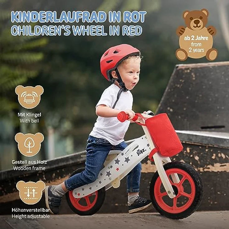 Joyz Laufrad aus Holz, Rot, Lauflernrad für Kinder ab 2 Jahren, Holzlaufrad mit Verstellbarer Sitz, pannensicheren 11 Zoll-Eva-Räder, Kinderfahrrad Kinderlaufrad mit Stoffbeutel, Klingel & Tragegriff – Bild 2