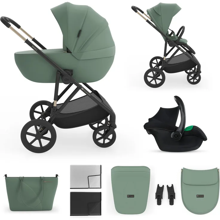 Kinderkraft PRIME 3 Kombikinderwagen 3-in-1 mit Babyschale MINK PRO 2, leicht faltbar, große Räder, Einhand-Faltung, Dunkelgrün