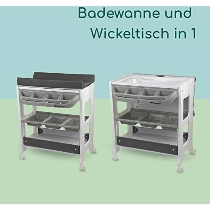 bebeconfort Dolphy 2-in-1 Badewanne & Wickeltisch mit Staufächer, Handtuchhalter und integrierten Rädern - Gray Mist – Bild 3