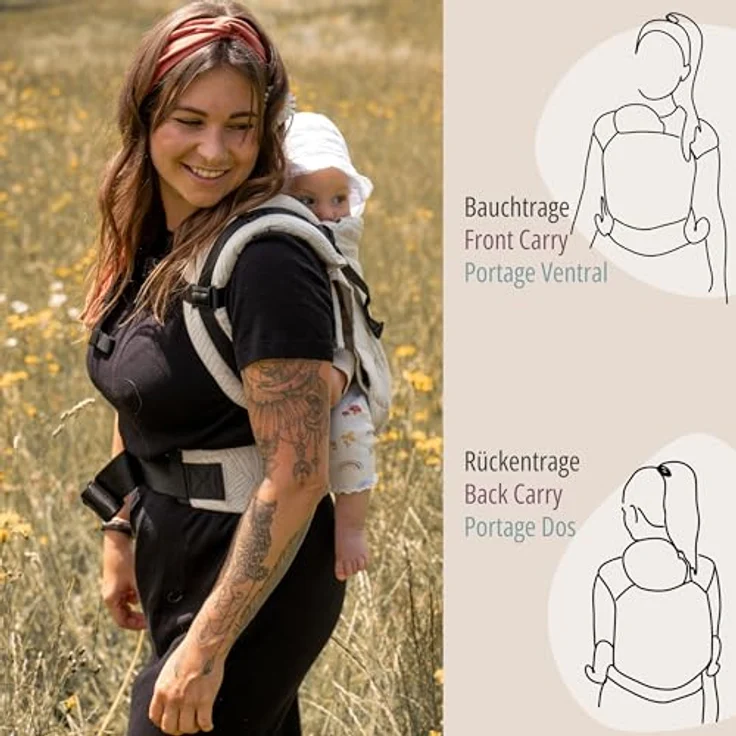 Hoppediz Babytrage Buckle, Fullbuckle für Neugeborene (3,5 - 20 kg) mit 2 Schnallen Optionen, ergonomisch verstellbar, in neutralem Design – Bild 4