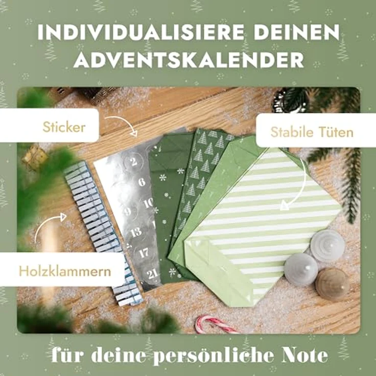 Amari Adventskalender zum Befüllen - 24 Papier Adventstüten (mit Holzklammern) zum Basteln für Weihnachten - Midnight Green – Bild 4