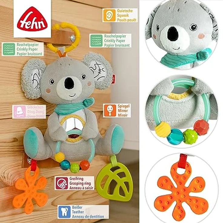 Fehn Activity-Koala – Baby Motorikspielzeug für Kinderwagen, Kinderbett und Babyschale – zum Beißen, Greifen und Geräusche erzeugen – Spielzeug für Babys und Kinder ab 3+ Monaten – Bild 3