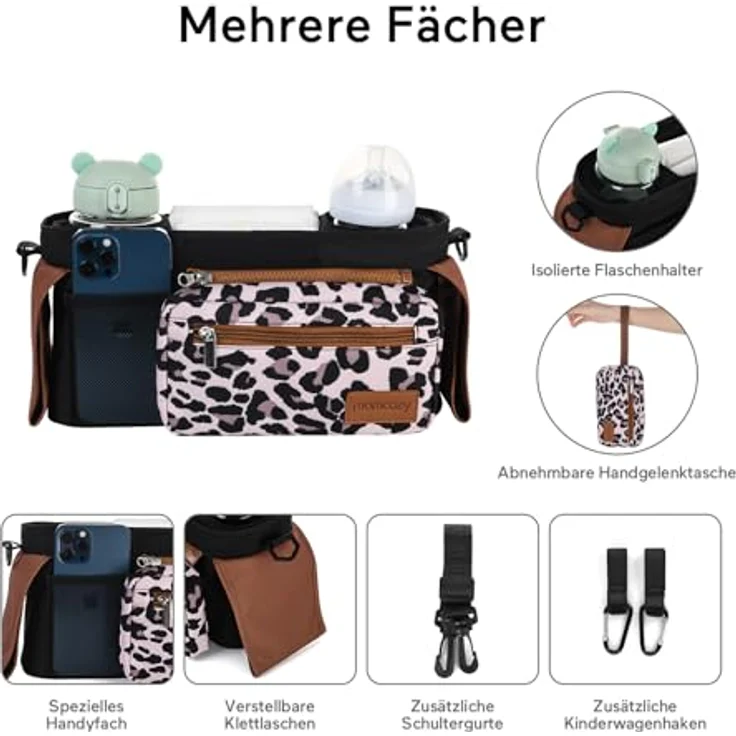 Momcozy Kinderwagen Organizer Universal, Isolierte Getränkehalter mit Reißverschlusstasche, Schultergurt und Stauraum für Windeln & Handys – Bild 2
