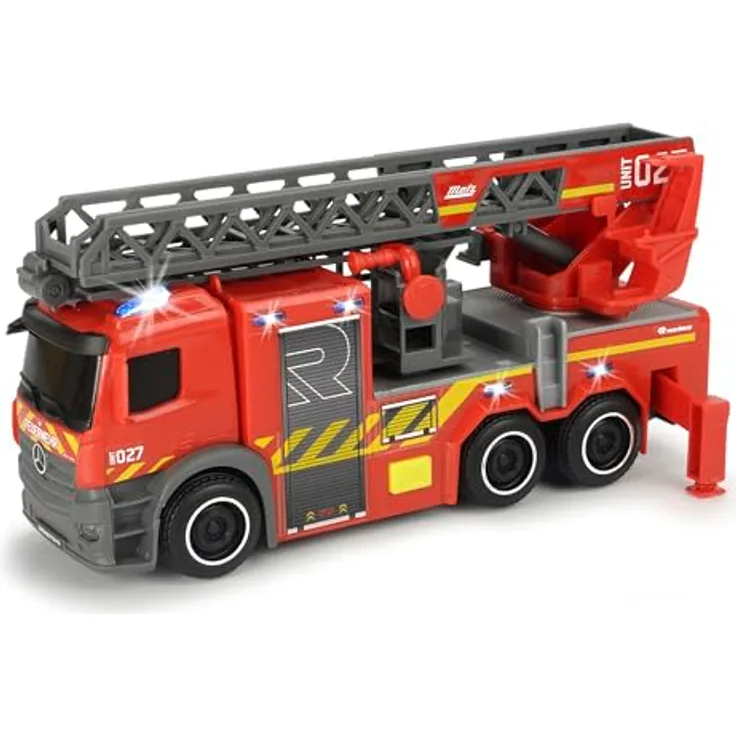 Dickie Toys Feuerwehr Drehleiter, Spielzeugauto mit drehbarer Leiter, Lichtern und Soundeffekten, Mercedes Benz Design, ab 3 Jahren, 23 cm