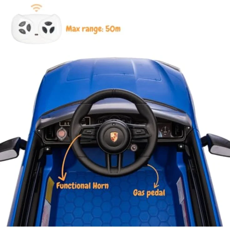Vrooomy Porsche Cayenne Elektro-Kinderauto 12V, mit Fernbedienung, für Kinder 1-5 Jahre, schwarz, sanfte Beschleunigung, LED-Scheinwerfer, Sicherheitsgurt – Bild 4