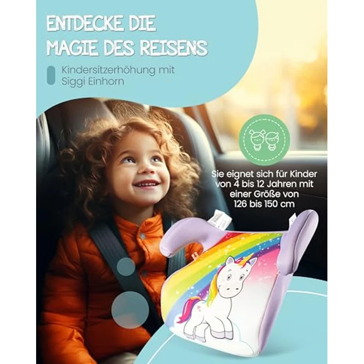 Hits4kids Siggi Einhorn, Kindersitzerhöhung ECE R129/i-Size, 100% Polyester Bezug, für Kinder 3-12 Jahre – Bild 2