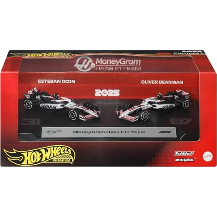 Hot Wheels Premium Formula 1 MoneyGram Haas F1 Team 2er-Pack, Modellfahrzeuge im Maßstab 1:64 mit authentischen Lackierungen und detaillierten Fahrerhelmen, Esteban Ocon Nr. 31 und Oliver Bearman Nr. 87 – Bild 1