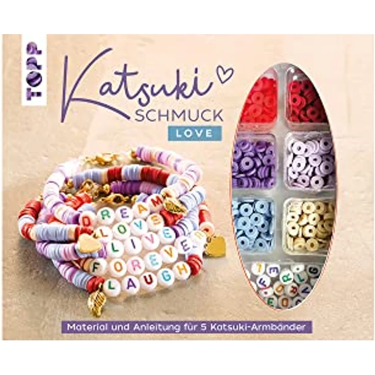 Katsuki Schmuckset mit Buchstabenperlen - LOVE: Anleitung und Material für fünf Armbänder in zarten Farben mit Botschaften (LOVE, DREAM, LIVE, FOREVER, LAUGH) – Bild 1