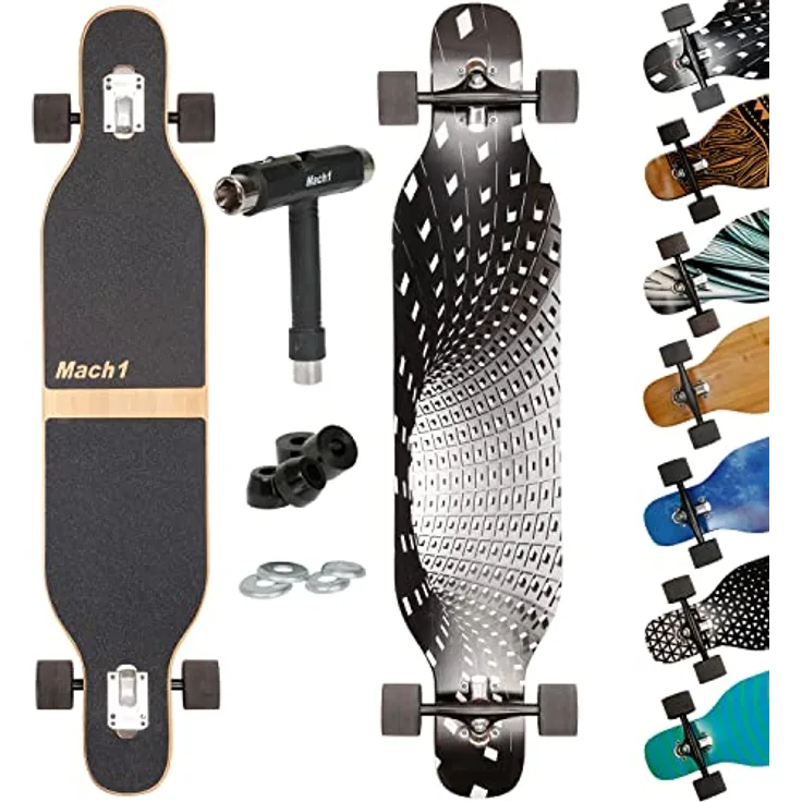 Mach1 Bambus Longboard mit Keramik Kugellager + T-Tool - Skateboard Drop Through Cruiser Komplettboard (Black Hole)