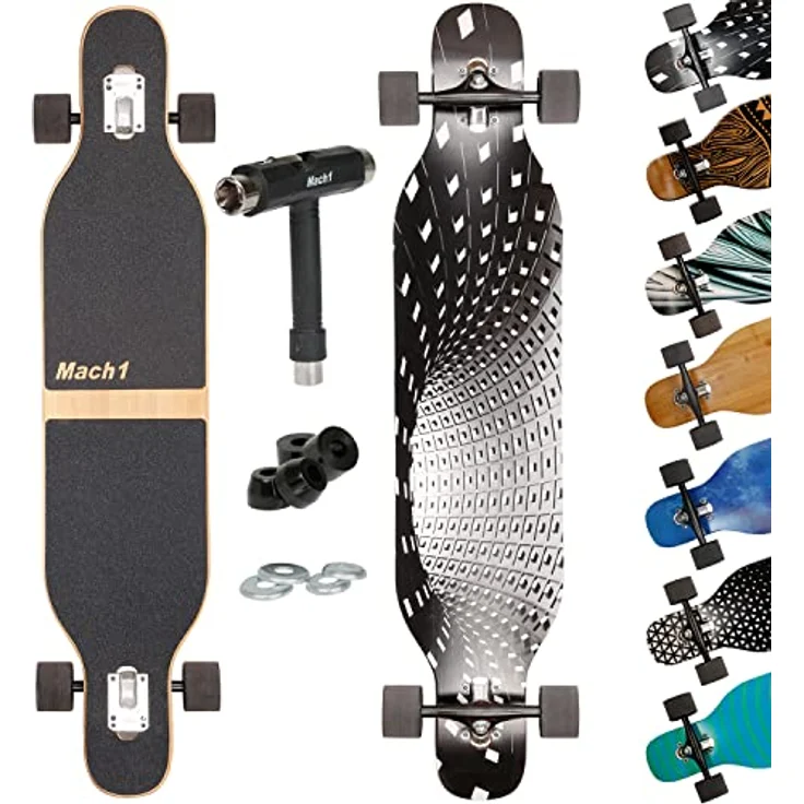 Mach1 Bambus Longboard mit Keramik Kugellager + T-Tool - Skateboard Drop Through Cruiser Komplettboard (Black Hole) – Bild 1