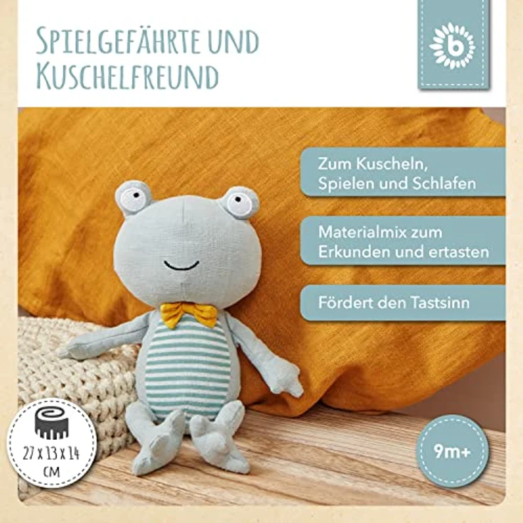 Bieco Frosch Kuscheltier | 20 cm | Leinen Kuscheltier Baby | Baby Kuscheltier Mädchen & Junge | Stuffed Animal | Frosch Stofftier Baby | Süße Baby Kuscheltiere | Frosch Plüschtier aus Leinenstoff – Bild 2
