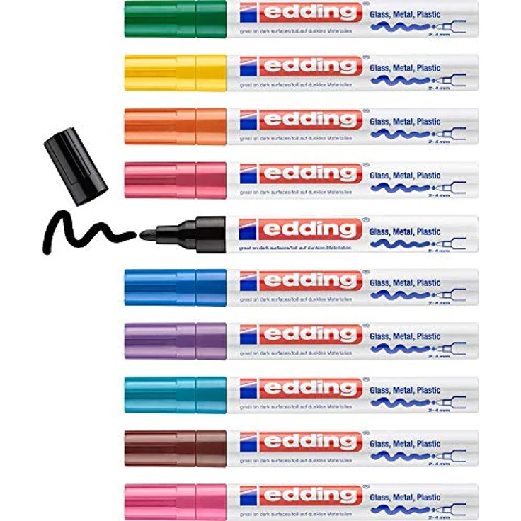 edding 750 Glanzlackmarker Set - mehrfarbig - 10 bunte Lackmarker - Rundspitze 2-4 mm - Lackstift für Glas, Stein, Holz, Kunststoff und Papier - wasserfest, stark deckend, 10er Pack – Bild 1