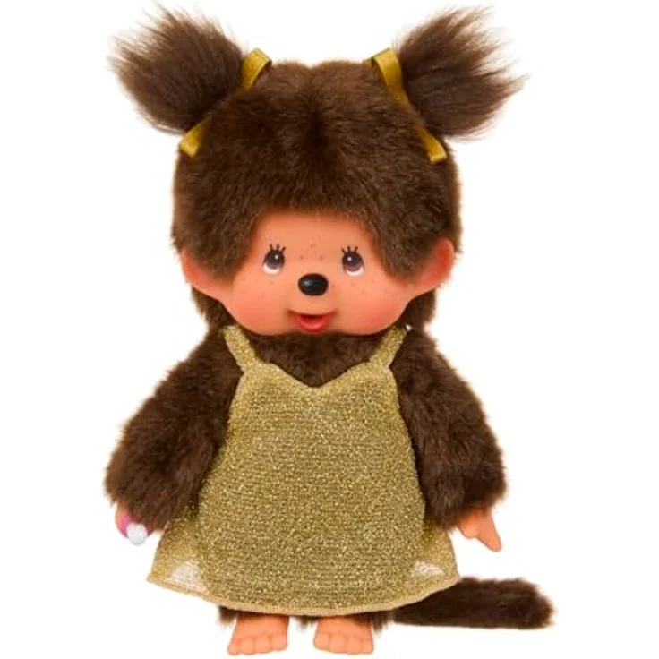 Sekiguchi Monchhichi Mädchen 204038, Kuscheltier ca. 20 cm aus braunem Plüsch im goldenen Glitzerkleid – Bild 2