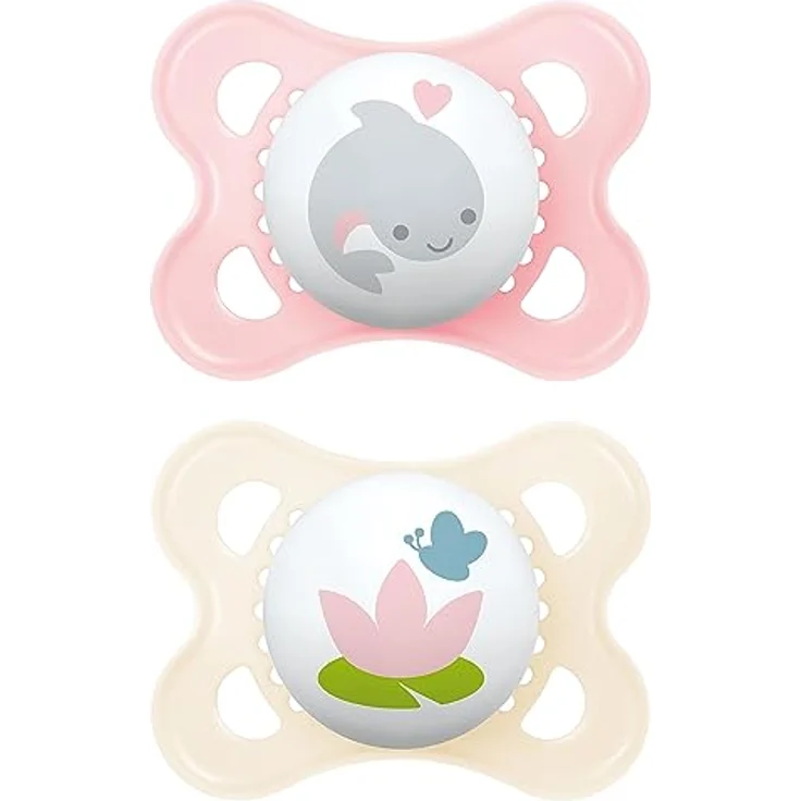 MAM Original Schnuller im 2er-Set, zahnfreundlicher Baby aus nachhaltigen & bio-erneuerbaren Materialien, Sauger aus SkinSoft Silikon, mit Schnullerbox, 0-6 Monate, Fisch/Seerose – Bild 1