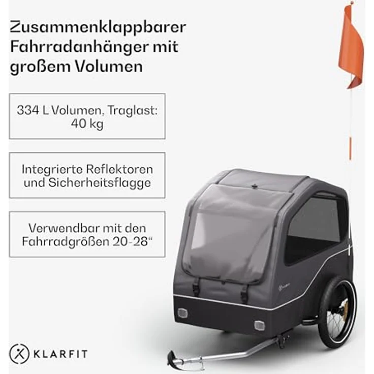 KLARFIT Fahrradkinderanhänger Goldie Home 334 L, Wetterfest Hund Faltbar Stahl 20-28" - Fahrradanhänger Schwarz – Bild 2