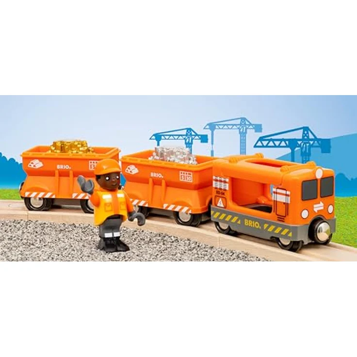 BRIO® Spielzeug-Eisenbahn BRIO® WORLD Güterzug Set, 6-tlg. mit leuchtend orangefarbener Lokomotive, FSC®-zertifiziert, inklusive Figur und Gold-/Silber-Ladungen – Bild 6