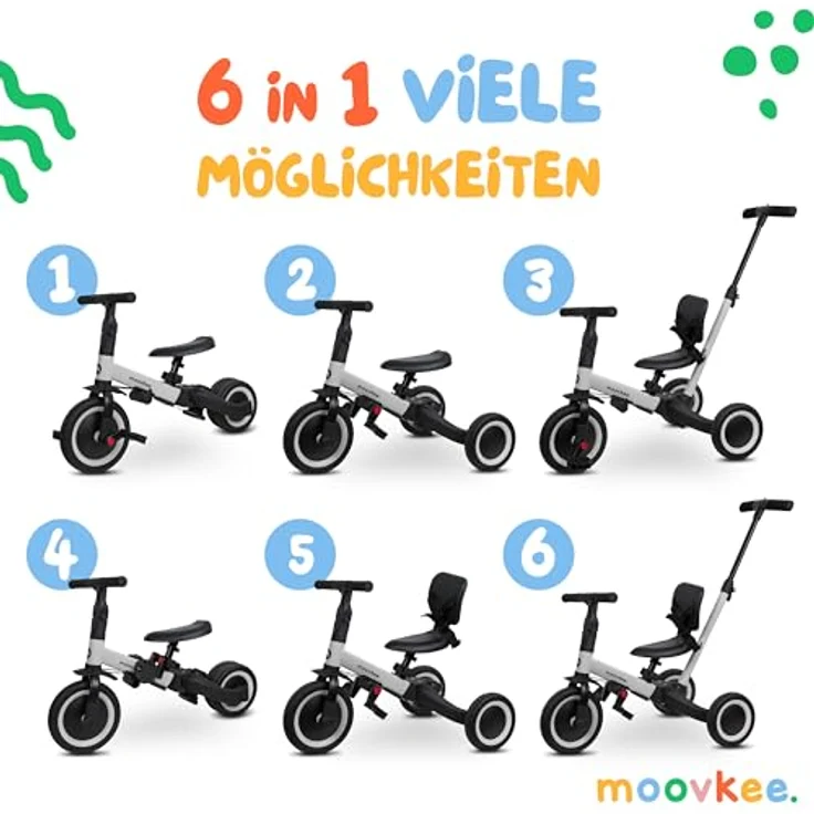moovkee Dreirad ab 1 Jahr mit Schubstange 6in1 - Laufrad ab 1 Jahr - Baby Fahrrad - gummierte Griffe - Stahl und strapazierfähiger Kunststoff – Bild 3
