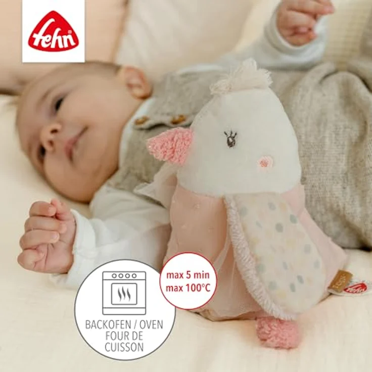 Fehn Wärmetier Vogel – Kuscheltier mit entnehmbarem Wärme- / Kältesäckchen für Babys ab der Geburt, mit "Glow-in-the-dark" Elementen, 23cm, Plüsch/Bouclette, Musselin, Cord, Velours, waschbar bei 30°C – Bild 3