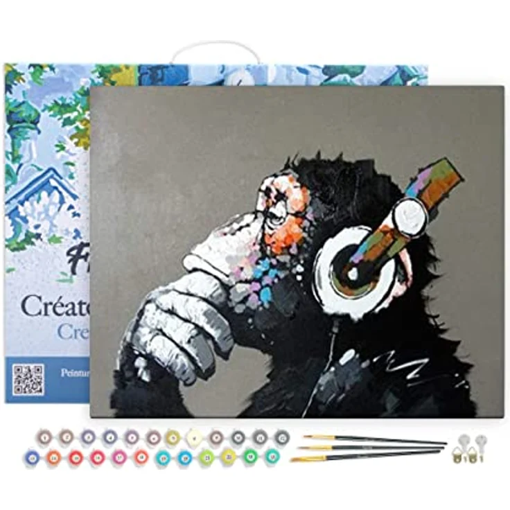 Figured'Art Malen Nach Zahlen Erwachsene Mit Rahmen Affe mit Kopfhörer - Paint by Numbers Basteln DIY Bastelset 40x50cm Leinwand gespannt auf Holzrahmen – Bild 1