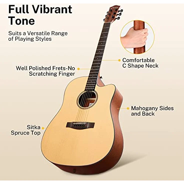 Donner Akustik Gitarre 4/4 Anfänger Erwachsene Akustikgitarre Cutaway Einsteiger Kit 41 Zoll voller Größe Gitarren Starter Mahagoni Fichte mit 6 Saiten Tasche Capo Plektren Gurt – Bild 2