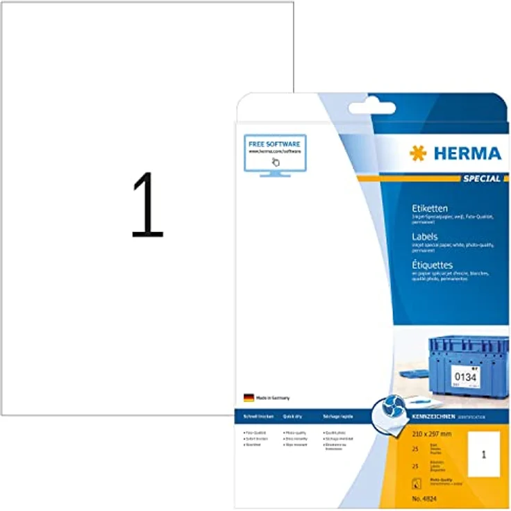 HERMA 4824 Universal Etiketten für Inkjet Drucker, matt, selbstklebend, bedruckbar, 25 Stück, weiß – Bild 1
