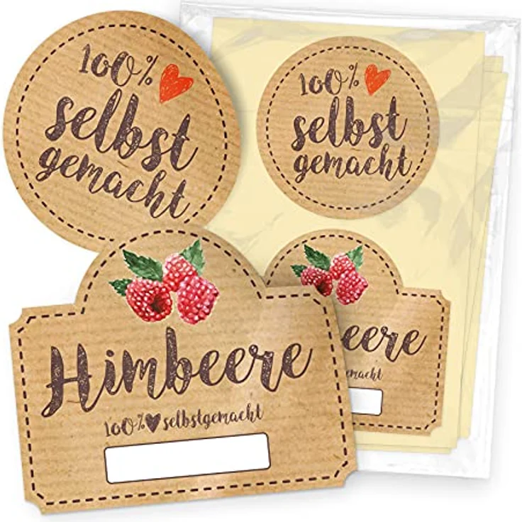 itenga Marmeladen Etikett HIMBEERE, selbstklebende Aufkleber aus braunem Haftpapier, Set mit 10 runden (Durchmesser 4 cm) und 10 rechteckigen (Maße 4,5 x 3,8 cm) Stickern, 100% selbstgemacht, beschriftbar für Einmachgläser und Geschenke – Bild 2