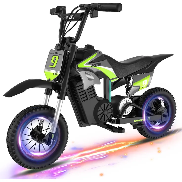 RCB R9X PRO Elektro Motorrad für Kinder, 350W Motor, 16KM Reichweite, 3 Geschwindigkeitsmodi, bunte Lichter, geeignet für 4–12 Jahre