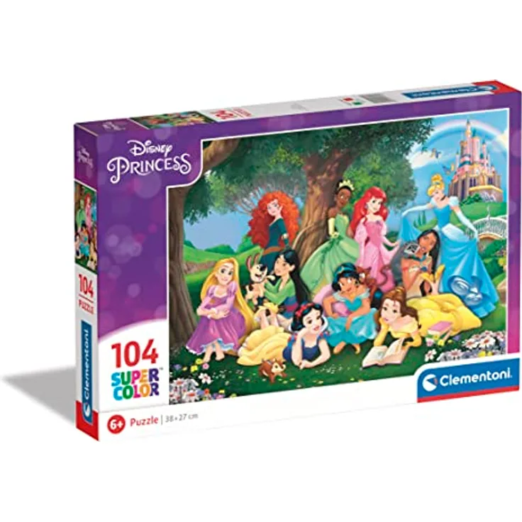 Clementoni Supercolor Puzzle Disney Princess, 104 Teile, leuchtend bunt, für Kinder ab 6 Jahren, Geschicklichkeitsspiel, Made in Italy