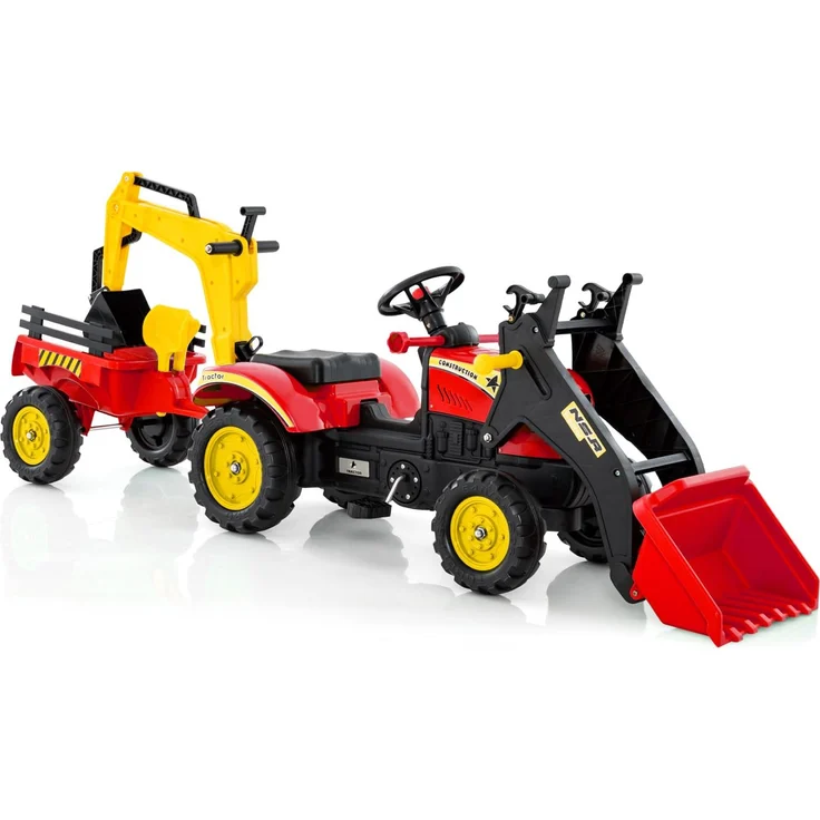 Goplus 3 in 1 Kinder Trettraktor Rot, mit 6 Rädern, verstellbarer Grabschaufel und abnehmbarem Anhänger, für Kinder 3-6 Jahre