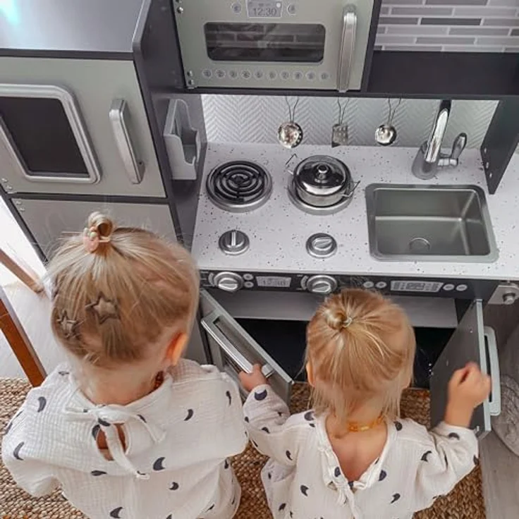 mamabrum Spielküche mit LED-Blitzsystem, Kinderspielzeug aus Holz, Rollenspielküchenzubehör für Kinder, Naturholz/Grau – Bild 2