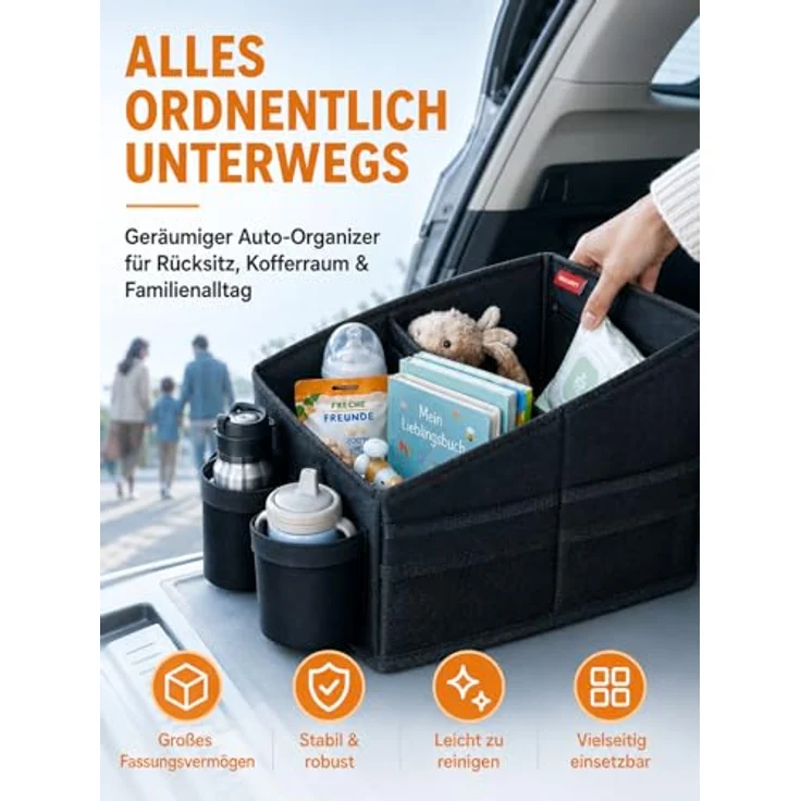 WOCVRYY Autositz Organizer für Kinder, 3 große Fächer, 8 Netztaschen, 2 Getränkehalter, wasserdichtes Oxford-Gewebe, rutschfest, Gurtbefestigung – Bild 2