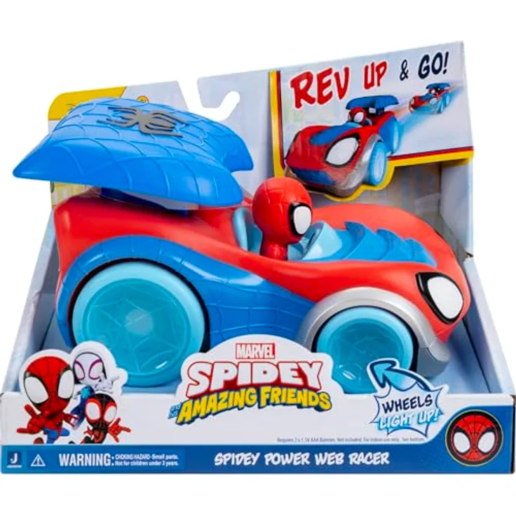 Spidey and His Amazing Friends Spidey Power Web Racer, Fahrzeug mit herunterdrückbarem Spoiler, Spidey-Kopf-Launcher und leuchtenden Rädern für actionreiche Rennen