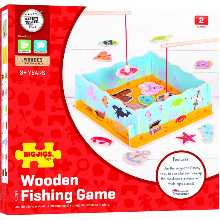 Bigjigs Toys Magnetischer Fischfänger, Holzspielzeug mit 10 Seefiguren und 2 Angelruten – Bild 1