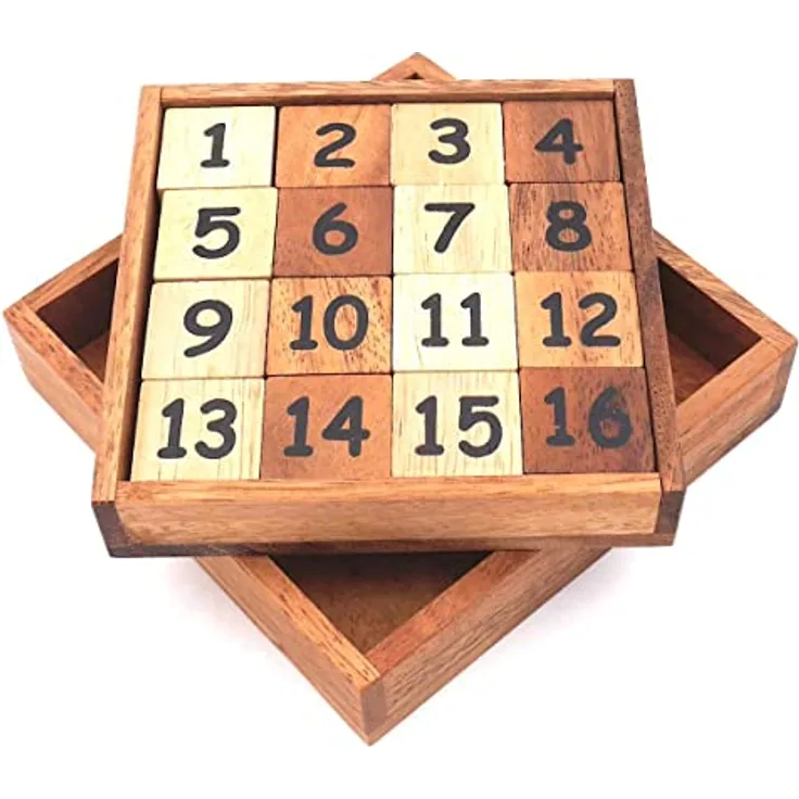 ROMBOL rutschende 15 und 34, Zwei Spiele in einem, Holzspiel, Denkspiel, Knobelspiel, Geduldspiel aus Holz, Samena-Holz, matt braun